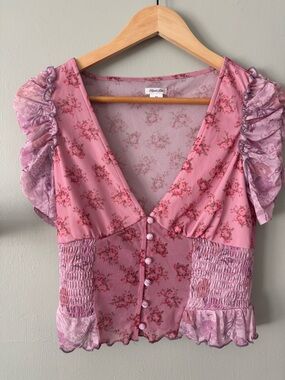 Kimchi Blue Pink Floral Blouse Puff Sleeve Ruched Button Front Coquette Top S